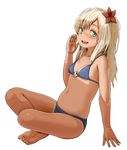  :d barefoot bikini blonde_hair blue_bikini blue_eyes breasts cleavage feet flower full_body hair_flower hair_ornament highres kantai_collection long_hair navel open_mouth ro-500_(kantai_collection) satsuki_neko small_breasts smile soles solo swimsuit tan tanline toes transparent_background 