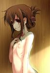  akazawa_red blush brown_hair flat_chest folded_ponytail inazuma_(kantai_collection) kantai_collection nipples nude open_mouth short_hair sketch skinny solo 