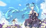  aqua_eyes aqua_hair cloud day detached_sleeves dress field floating_hair flower flower_field frilled_sleeves frills glint hair_ribbon hand_on_own_chest hatsune_miku headphones holding layered_dress lf long_hair long_sleeves microphone motion_blur necktie outdoors petals revision ribbon sky smile solo twintails very_long_hair vocaloid white_neckwear wind windmill 