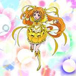  :d blush boots bow brooch bubble_skirt circlet cure_muse_(yellow) earrings eunos frills full_body hair_bow heart heart_earrings jewelry knee_boots long_hair magical_girl multicolored multicolored_background open_mouth orange_hair pink_eyes precure shirabe_ako skirt smile solo suite_precure yellow_bow yellow_footwear yellow_skirt 