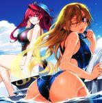  ass blonde_hair blue_eyes blue_sky blue_swimsuit breasts cloud commentary_request competition_swimsuit day goggles goggles_around_neck goggles_removed hair_down half_updo ishida_akira large_breasts long_hair looking_at_viewer looking_back maou_(maoyuu) maoyuu_maou_yuusha multiple_girls official_art one-piece_swimsuit one_eye_closed onna_kishi_(maoyuu) pale_skin partially_submerged pool pool_ladder promotional_art red_eyes red_hair sideboob sky smile swim_cap swimsuit tan wet 