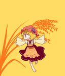  aki_minoriko barefoot blonde_hair food fruit grapes hat open_mouth outstretched_arms red_eyes solo touhou wide_sleeves yamabuki_(yusuraume) yellow_background 