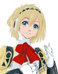  2015 4suke aegis_(persona) android blonde_hair blue_eyes dated hairband looking_away persona persona_3 robot_joints short_hair simple_background smile solo twitter_username upper_body white_background 