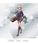  2015 aiguillette aircraft airplane america artist_name belt black_skirt blue_eyes buttons character_name copyright_name crossed_legs double-breasted eyepatch flipped_hair full_body hair_ornament highres honeycomb_(pattern) honeycomb_background jeanex kantai_collection long_sleeves machinery military military_uniform miniskirt original pacific saber_(weapon) sheath sheathed short_hair skirt skull skull_hair_ornament solo sword turret uniform uss_chester_(ca-27) watson_cross weapon white_hair 