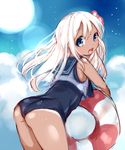  bent_over blonde_hair blue_eyes crop_top flower hair_flower hair_ornament kantai_collection lifebuoy long_hair one-piece_swimsuit one-piece_tan open_mouth paragasu_(parags112) ro-500_(kantai_collection) sailor_collar school_swimsuit smile swimsuit swimsuit_under_clothes tan tanline 