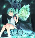  antennae bare_arms bare_legs barefoot bug butterfly cape cave glowing glowing_butterfly green_eyes green_hair insect killing shirt shorts sitting sleeveless sleeveless_shirt soaking_feet solo touhou wriggle_nightbug 