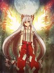  bow embers fiery_wings fujiwara_no_mokou hair_bow hair_ribbon highres long_hair moon nagihara_rion night pants red_eyes ribbon silver_hair solo suspenders torn_clothes torn_sleeves touhou very_long_hair wings 