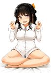  :d bare_legs black_hair black_panties dress_shirt fang indian_style kantai_collection long_sleeves looking_at_viewer multicolored multicolored_eyes multicolored_hair naganami_(kantai_collection) no_pants open_mouth panties pink_hair purple_eyes satsuki_neko shirt sitting smile solo taut_clothes taut_shirt two-tone_hair underwear yellow_eyes 