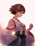  backlighting bare_shoulders blue_eyes brown_hair detached_sleeves from_side hair_ornament headgear hiei_(kantai_collection) highres kantai_collection long_sleeves looking_at_viewer shirt short_hair skirt smile sola7764 solo wide_sleeves 
