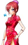  alternate_hairstyle bad_hands blush bra china_dress chinese_clothes copyright_name dress hair_bun hair_up hand_on_hip highres love_live! love_live!_school_idol_project nishikino_maki purple_eyes red_dress red_hair shogo_(4274732) short_sleeves side_slit simple_background solo star underwear white_background 