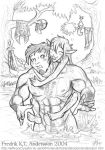  2004 blush clothing duo elf female fredrik_andersson greyscale hair human humanoid male mammal monochrome muscular muscular_male nipples not_furry nude pecs pointy_ears simple_background sketch smile tree water weapon 