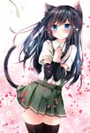  animal_ears arm_warmers asashio_(kantai_collection) black_hair black_legwear blue_eyes blush cat_ears cat_tail cat_teaser kantai_collection kemonomimi_mode long_hair nogi_takayoshi petals school_uniform skirt suspenders tail thighhighs zettai_ryouiki 