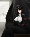  armband black_jeans breasts crossed_legs flag grin hat highres holding_whip india insignia iron_cross large_breasts less looking_at_viewer map military military_uniform monster_girl nazi original reichsadler sitting smile solo swastika tail totenkopf underbust uniform whip whisker_markings wolf_girl wolf_paws wolf_tail world_war_ii yellow_eyes 