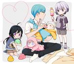  ahoge akita_toushirou animal_hood aqua_hair baby baby_bottle babywearing black_hair bottle bunny_hood child feeding gokotai heart heart_of_string honebami_toushirou hood ichigo_hitofuri indian_style male_focus multicolored multicolored_eyes multiple_boys namazuo_toushirou open_mouth pink_hair ponytail purple_eyes rattle shiho shorts silver_hair sitting smile touken_ranbu yellow_eyes younger 