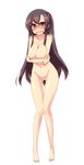  1girl barefoot black_hair blush breasts esoragoto feet female full_body glasses hadi_girl kagura_sae long_hair navel nipples nude open_mouth over-rim_glasses pussy red-framed_glasses red_eyes semi-rimless_glasses simple_background solo toes transparent_background uncensored 