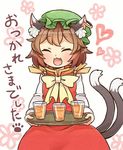  :3 :d ^_^ animal_ears bangs bow bowtie brown_hair cat_ears cat_tail chen closed_eyes commentary_request cup dress drinking_glass earrings eyebrows_visible_through_hair fang green_hat hat heart holding holding_tray ibaraki_natou jewelry long_sleeves mob_cap multiple_tails nekomata open_mouth red_dress short_hair single_earring smile solo tail touhou tray two_tails yellow_neckwear 