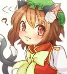  :3 ? animal_ears blush brown_eyes brown_hair cat_ears cat_tail chen closed_mouth commentary fang fang_out green_hat hat ibaraki_natou jewelry looking_at_viewer mob_cap multiple_tails nekomata short_hair simple_background single_earring solo tail touhou two_tails upper_body white_background 