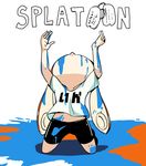  arms_up bike_shorts copyright_name dog_tags inaro inkling kneeling long_hair monster_girl orange_hair paint paint_splatter parody platoon sergeant_gordon_elias shirt short_sleeves solo splatoon_(series) splatoon_1 tentacle_hair 