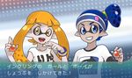  1girl :d arm_warmers blue_eyes blue_hair clothes_writing fake_screenshot grin headband inkling looking_at_viewer mitsu_(m2shout_g) nintendo open_mouth orange_eyes orange_hair parody pointy_ears pokemon pokemon_(game) ponytail smile splatoon_(series) splatoon_1 style_parody sweatband tentacle_hair tied_hair translated wristband 