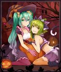  animal_ears argyle argyle_background bat candy cat_ears cat_tail choker food gloves green_eyes green_hair gumi halloween hat hatsune_miku jack-o'-lantern lantern lollipop long_hair midriff multiple_girls pantyhose revision sakia short_hair sitting skirt swirl_lollipop tail tail_hold thighhighs tree twintails vocaloid wariza witch_hat 