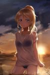  ayase_eli bikini bikini_under_clothes blonde_hair blue_eyes jpeg_artifacts love_live! love_live!_school_idol_project ponytail pumpkin-crazy shirt solo sunset swimsuit swimsuit_under_clothes t-shirt wet wet_clothes 