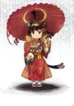  :3 absurdres alternate_costume animal_ears bracelet brown_hair cat_ears cat_tail chen floral_background floral_print full_body gradient gradient_background hair_ornament highres instrument japanese_clothes jewelry kimono long_sleeves looking_at_viewer multiple_tails obi oriental_umbrella plectrum pmx red_eyes sandals sash shamisen short_hair solo tail touhou umbrella 