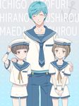  ^_^ anchor aqua_hair bob_cut brown_eyes brown_hair character_name closed_eyes gloves hands_on_shoulders hat hirano_toushirou ichigo_hitofuri maeda_toushirou male_focus multiple_boys sailor sailor_hat shiho shorts smile touken_ranbu white_gloves 