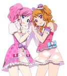  aikatsu! aikatsu!_(series) amahane_madoka blue_eyes blush bow brown_hair dress gloves hands_together long_hair looking_at_viewer mattaku_mousuke multiple_girls one_side_up oozora_akari open_mouth pink_bow pink_hair red_eyes short_hair side_ponytail smile twintails 