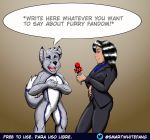  anthro black_hair black_nose clothed clothing cnn dialogue duo english_text featureless_crotch female fur grey_fur hair happy human inner_ear_fluff male mammal microphone multicolored_fur multicolored_tail open_mouth smile standing suit teeth text white_fur 