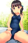  black_hair brown_eyes competition_school_swimsuit long_hair neuron_(exceed) one-piece_swimsuit original partially_visible_vulva school_swimsuit sitting solo speedo_(company) swimsuit tan tanline twintails 