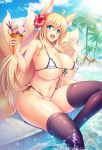  ahoge animal_ear_fluff animal_ears bangs bare_arms bare_shoulders bikini black_legwear blonde_hair blue_eyes blue_sky breasts cleavage cloud collarbone commentary_request curvy day erect_nipples eyebrows_visible_through_hair flower fox_ears fox_girl fox_tail front-tie_bikini front-tie_top hair_flower hair_ornament hibiscus highres holding holding_spoon huge_breasts ice_cream_cone kitsune kurowana long_hair looking_at_viewer micro_bikini navel open_mouth original outdoors palm_tree red_flower side-tie_bikini sitting sky smile soaking_feet solo spoon stomach strap_gap string_bikini summer swimsuit swimsuits tail thighhighs tree water wet white_bikini wide_hips 