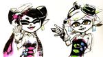  :d aori_(splatoon) black_hair closed_eyes cousins detached_collar domino_mask dress earrings fangs food food_on_head gloves highres hotaru_(splatoon) jewelry long_hair looking_at_viewer mask mole mole_under_eye multiple_girls object_on_head open_mouth pointy_ears shaapen short_hair smile splatoon_(series) splatoon_1 sushi traditional_media upper_body white_gloves white_hair yellow_eyes 