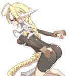  1girl arc_system_works ass blazblue blonde_hair blush bodysuit breasts damaged disembodied_limb from_behind infraton lambda-11 leaning leaning_forward long_hair looking_back red_eyes sexually_suggestive simple_background single_braid very_long_hair 
