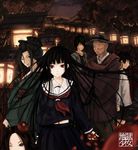  3girls black_eyes black_hair brown_hair closed_eyes enma_ai fedora hair_in_mouth hair_ornament hair_stick hat highres hone_onna ichimoku_ren japanese_clothes jigoku_shoujo kikuri kimono lantern light_smile long_hair long_sleeves looking_at_viewer maki_(maki_pei) multiple_boys multiple_girls neckerchief night obi one_eye_closed outdoors parted_lips petals pleated_skirt red_eyes sash school_uniform serafuku short_hair skirt torii tree very_long_hair wanyuudo wooden_lantern yamawaro 