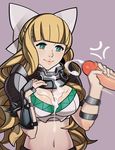  armor artist_request bangs blonde_hair blue_eyes blush bow breasts charlotte_(fire_emblem) charlotte_(fire_emblem_if) cleavage cum cum_on_body female fire_emblem fire_emblem_if grey_background hair_ribbon handjob large_breasts long_hair looking_at_viewer penis ribbon simple_background smile solo splashbrush upper_body 