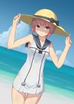  :&lt; adapted_costume anchor bangs bare_legs bare_shoulders beach blue_sky blunt_bangs bow brown_eyes brown_hair cloud collarbone cowboy_shot day dress dutch_angle hands_on_headwear hat hat_bow hat_ribbon highres horizon kantai_collection looking_at_viewer neckerchief ocean outdoors revision ribbon sailor_collar sailor_dress seatollead short_dress sky solo standing sun_hat thigh_gap white_dress z3_max_schultz_(kantai_collection) 