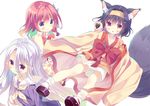  animal_ear_fluff animal_ears black_hair blue_eyes fox_ears fox_tail hatsuse_izuna japanese_clothes kimono long_hair multiple_girls no_game_no_life purple_eyes red_eyes red_hair school_uniform serafuku shiro_(no_game_no_life) short_hair silver_hair stephanie_dora tail yuizaki_kazuya 