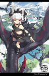  absurdres bare_shoulders blue_sky blurry city cloud day depth_of_field dragon floating_hair flying from_above highres horns jong_tu katana letterboxed long_hair navel pixiv_fantasia pixiv_fantasia_5 red_eyes resized sky solo sword tree upscaled weapon white_hair 