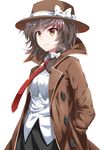  bow brown_eyes brown_hair coat e.o. hair_bow hands_in_pockets hat highres necktie ribbon shirt short_hair simple_background skirt solo touhou usami_renko white_background wind 