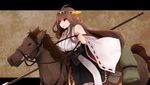  ahoge arano_oki bare_shoulders brown_hair commentary_request crossover detached_sleeves double_bun fire_emblem hair_ornament hairband headgear horse horseback_riding japanese_clothes kantai_collection kongou_(kantai_collection) long_hair nontraditional_miko polearm riding skirt solo spear thighhighs weapon 