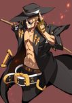  abs belt blonde_hair blue_eyes coat grin guilty_gear guilty_gear_xrd hat inoue_takumi_(doubt) jacket johnny_sfondi male_focus open_clothes open_jacket smile solo sunglasses 