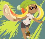  beanie bike_shorts dark_skin domino_mask hat inkling leg_up long_hair mask monster_girl okiza_yuuri orange_eyes orange_hair pointy_ears shirt shoes short_sleeves sneakers solo splatoon_(series) splatoon_1 