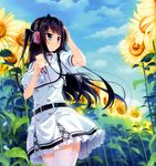  1girl black_hair blue_eyes dress flower headphones long_hair manazuru_misaki moonstone natsu_no_iro_no_nostalgia side_ponytail side_tail sky smile thighhighs yamakaze_ran 