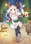  &gt;:) bat black_legwear blush braid cup demon_girl demon_horns demon_tail highres horns lantern long_hair looking_at_viewer maid original parfait pointy_ears red_eyes silver_hair skirt smile solo tail thighhighs totto tray twin_braids v-shaped_eyebrows 