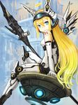  blonde_hair blue_eyes halo headpiece highres kai_(ootamuno12) long_hair looking_at_viewer mecha_musume metal_wings original robot_joints science_fiction sitting solo visor weapon 