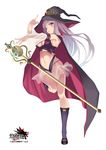  baton breasts cape cleavage grand_harem hair_ornament hat long_hair medium_breasts midriff navel official_art pink_eyes pokachu purple_hair revealing_clothes sachertorte see-through solo standing standing_on_one_leg very_long_hair witch_hat 