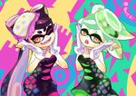  ;d aori_(splatoon) black_hair cousins dress earrings fangs food food_on_head fumizuki green_hair green_legwear hands_on_own_cheeks hands_on_own_face hotaru_(splatoon) jewelry long_hair mole mole_under_eye multiple_girls object_on_head one_eye_closed open_mouth orange_eyes pantyhose pointy_ears purple_legwear short_hair short_jumpsuit smile splatoon_(series) splatoon_1 sushi tentacle_hair twitter_username unitard 