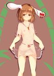  animal_ears bamboo blush breasts brown_background brown_eyes brown_hair bunny_ears carrot_necklace covered_nipples cowboy_shot inaba_tewi jewelry looking_at_viewer mikagemaru_(mikage000) no_bra no_panties pendant pussy ribbon see-through shadow short_hair short_sleeves silhouette simple_background skirt_hold small_breasts solo touhou wavy_mouth 