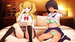  :q bed_sheet black_hair black_legwear black_panties blonde_hair blue_eyes blush bow bowtie bra breasts cleavage covering_face enkou_shoujo game_cg green_bra green_panties hair_ribbon kawaragi_yuuki kneehighs koizumi_amane large_breasts long_hair looking_at_viewer mitsuki_mako multiple_girls navel on_bed panties pillow plaid plaid_skirt ribbon school_uniform serafuku shirt_lift short_hair sitting skirt smile tan tanline tongue tongue_out twintails underwear yellow_eyes yokozuwari 