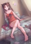  babydoll bare_legs barefoot bed black_ribbon blue_eyes blush bra brown_hair camisole dutch_angle fate/stay_night fate_(series) feet hair_ribbon head_tilt highres jay_xu legs long_hair looking_at_viewer md5_mismatch nightgown on_bed open_mouth red_babydoll ribbon signature sitting skirt solo strap_slip toosaka_rin triangle_mouth two_side_up underwear white_bra 